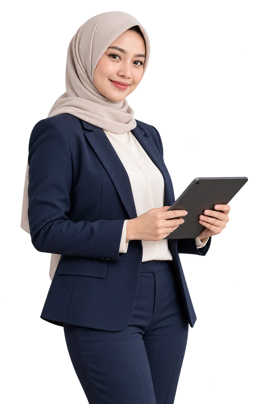 Ilustrasi AI perempuan Indonesia membawa tablet